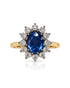 9ct yellow gold engagement ring with oval blue sapphire and diamond halo
