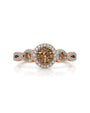 9ct rose gold engagement ring with cognac diamond cluster, white diamond halo and twisted pavé shoulders