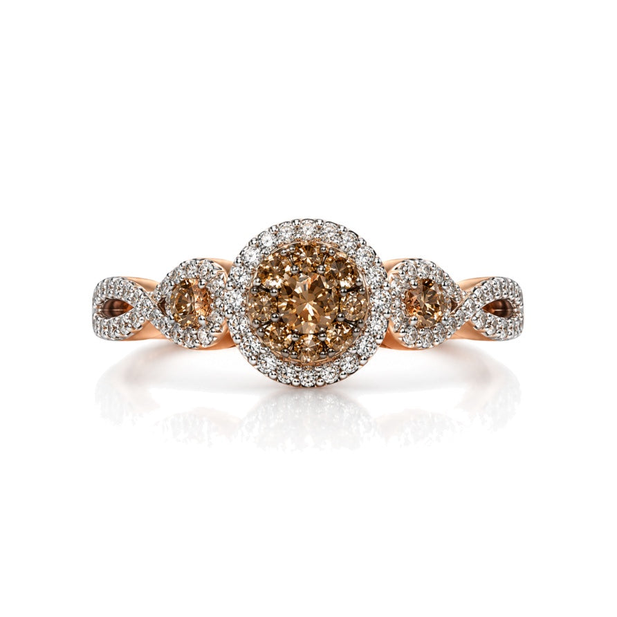 9ct rose gold engagement ring with cognac diamond cluster, white diamond halo and twisted pavé shoulders