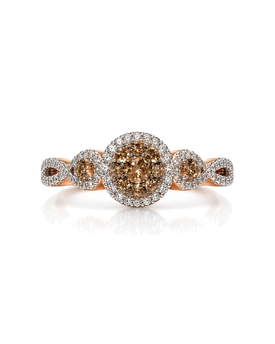 9ct rose gold engagement ring with cognac diamond cluster, white diamond halo and twisted pavé shoulders