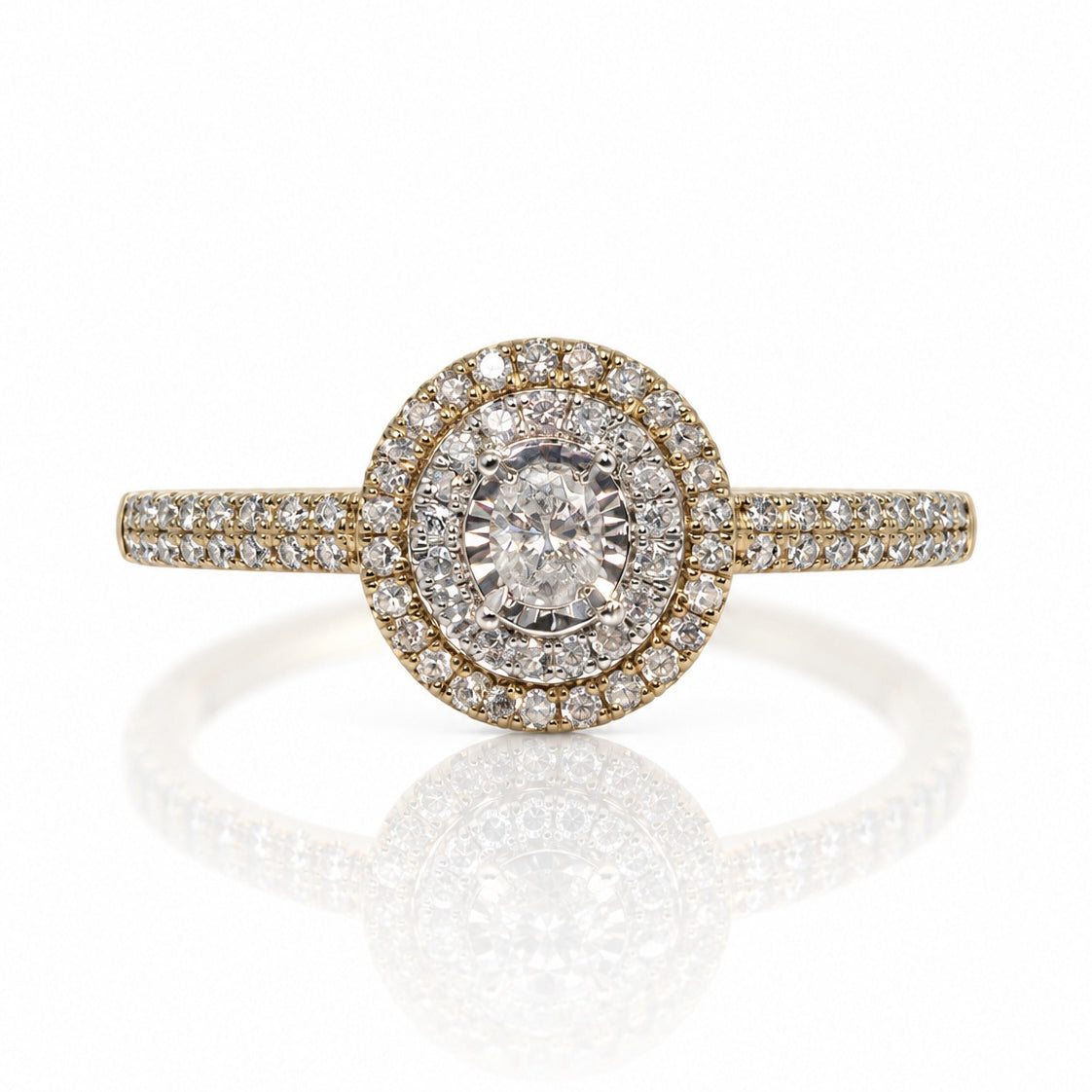 9ct yellow and white gold double halo engagement ring with round diamonds and pavé shoulders