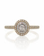 9ct yellow and white gold double halo engagement ring with round diamonds and pavé shoulders