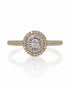 9ct yellow and white gold double halo engagement ring with round diamonds and pavé shoulders