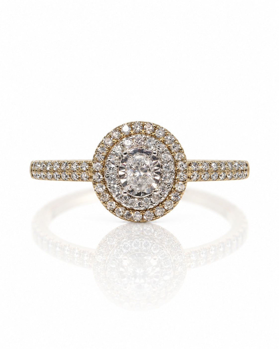 9ct yellow and white gold double halo engagement ring with round diamonds and pavé shoulders