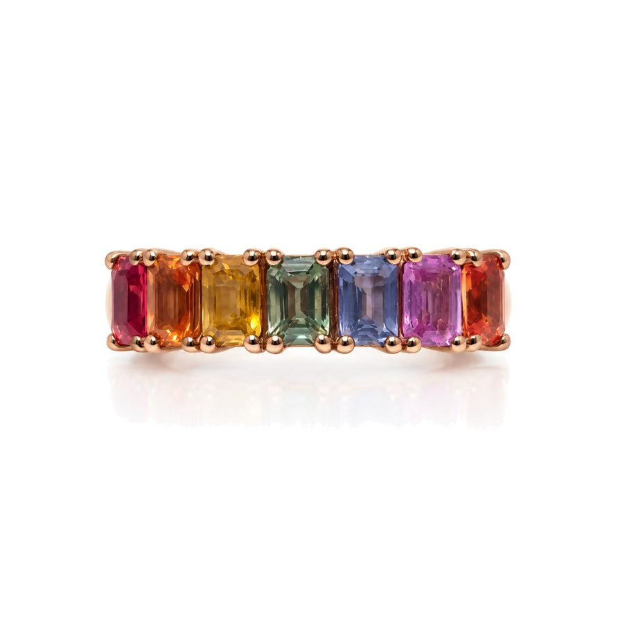 9ct rose gold eternity ring with eight emerald cut emeralds in continuous claw setting