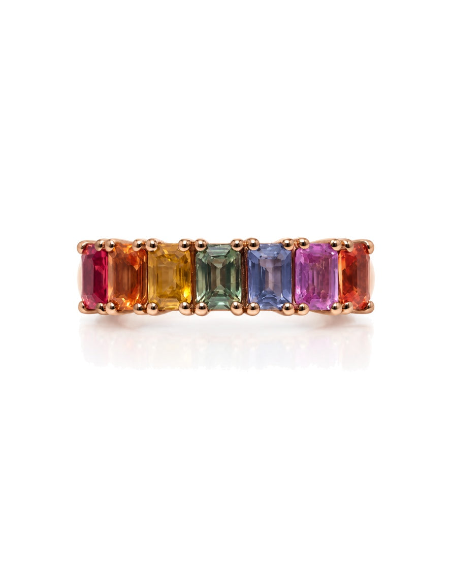 9ct rose gold eternity ring with eight emerald cut emeralds in continuous claw setting
