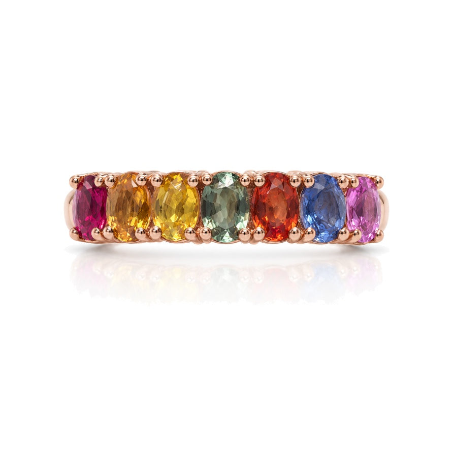 9ct rose gold dress ring with seven oval rainbow sapphires in east-west setting