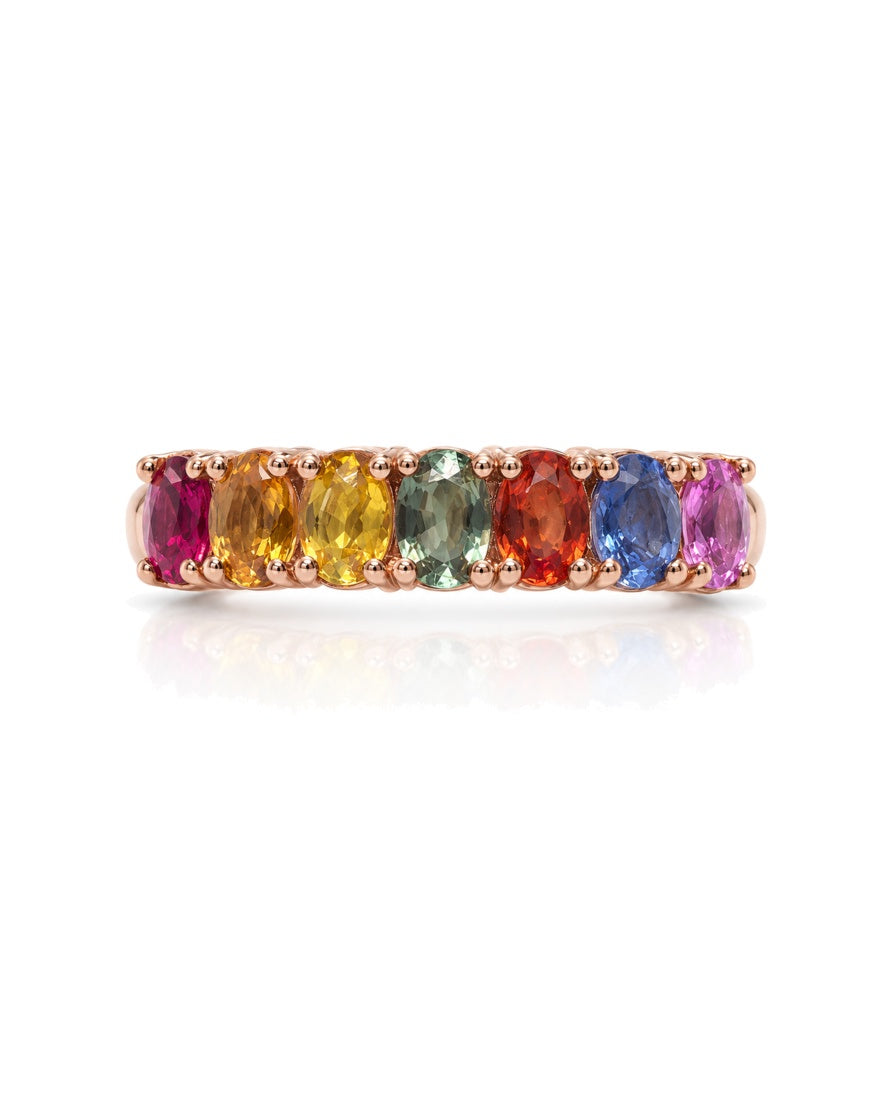 9ct rose gold dress ring with seven oval rainbow sapphires in east-west setting