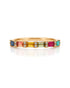 9ct yellow gold fancy ring with rainbow baguette sapphires and round diamonds in horizontal setting