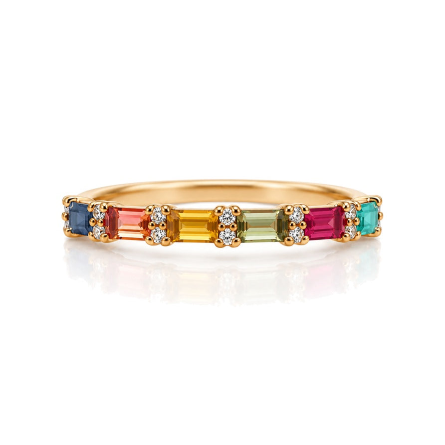 9ct yellow gold fancy ring with rainbow baguette sapphires and round diamonds in horizontal setting