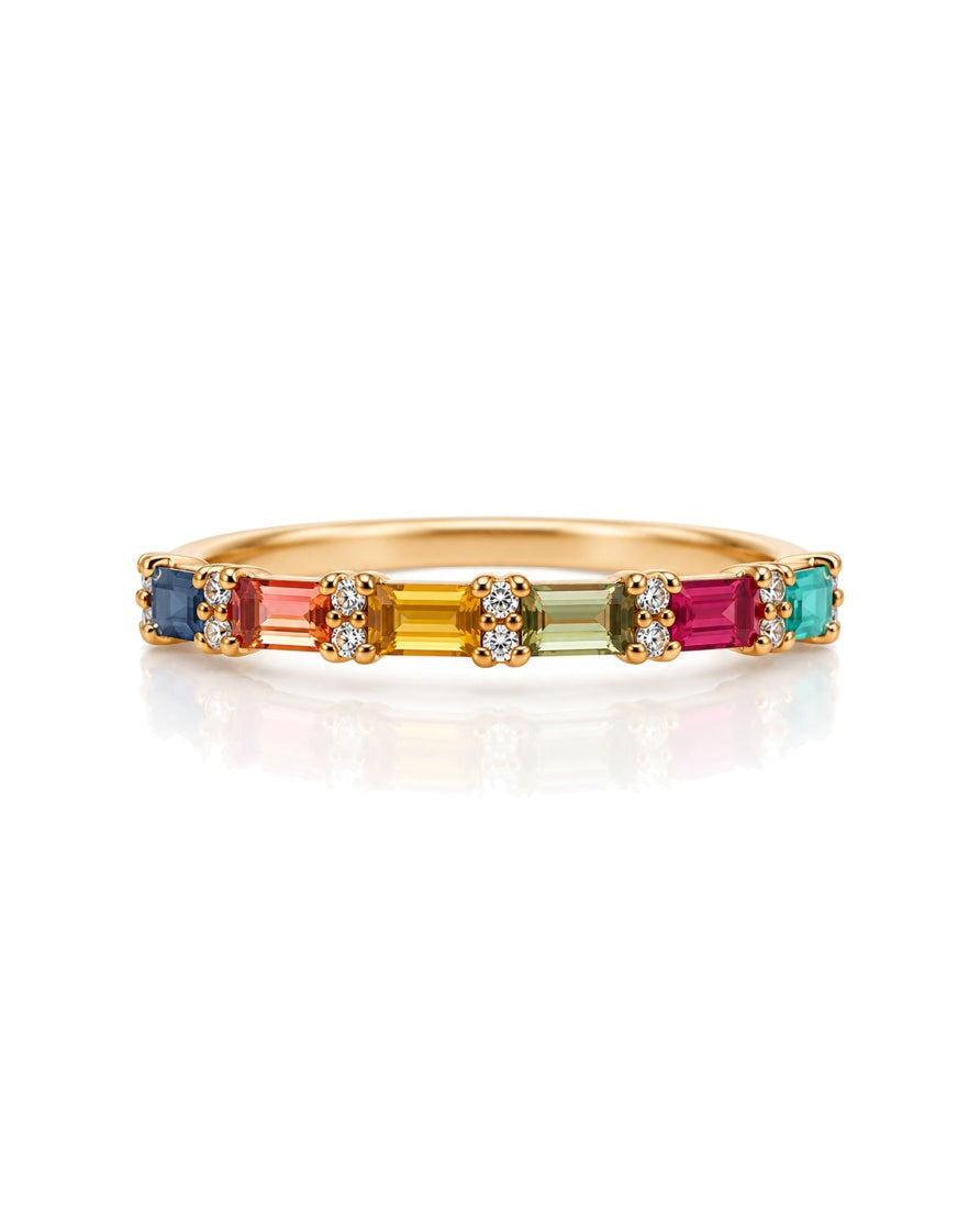 9ct yellow gold fancy ring with rainbow baguette sapphires and round diamonds in horizontal setting
