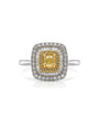 18ct yellow and white gold double halo engagement ring with cushion diamond centre