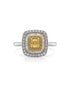18ct yellow and white gold double halo engagement ring with cushion diamond centre