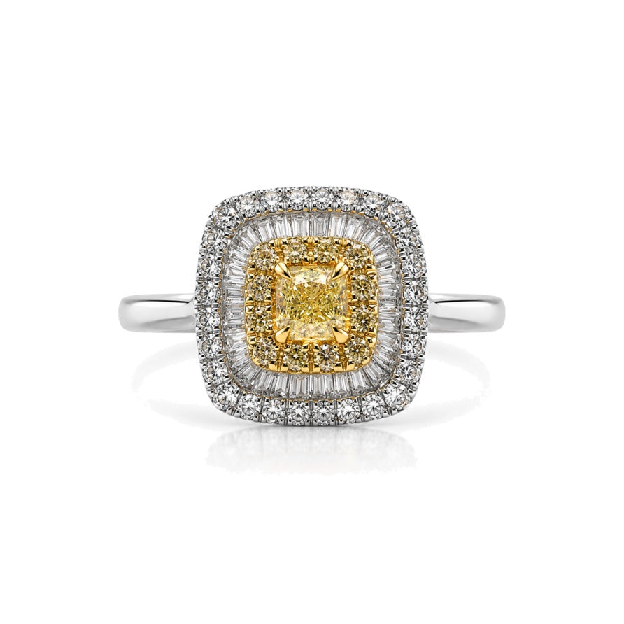 18ct yellow and white gold double halo engagement ring with cushion diamond centre