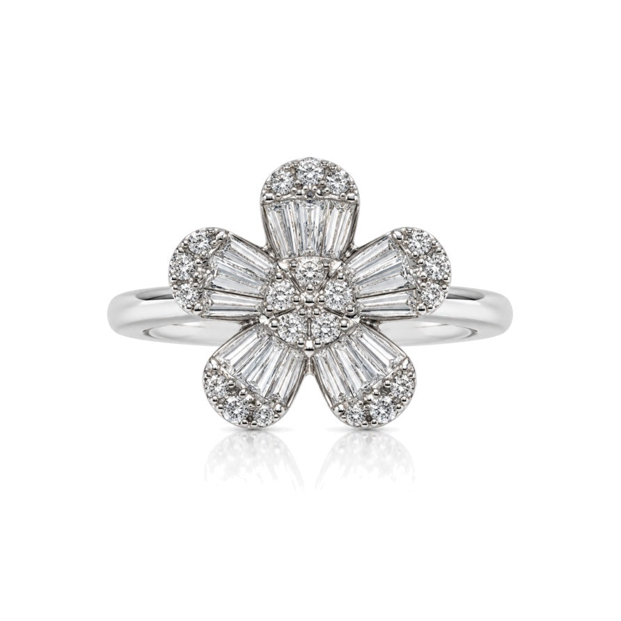 9ct white gold diamond cluster dress ring with flower petal design and pavé centre