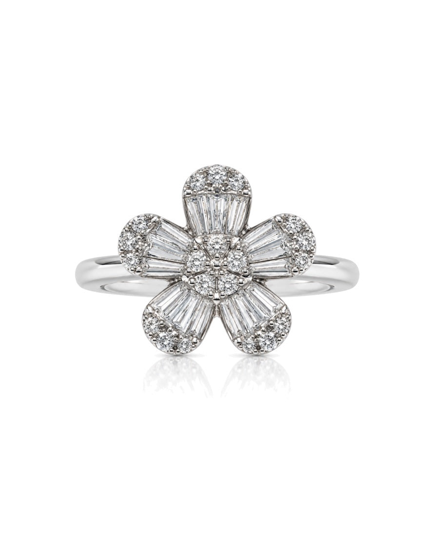 9ct white gold diamond cluster dress ring with flower petal design and pavé centre