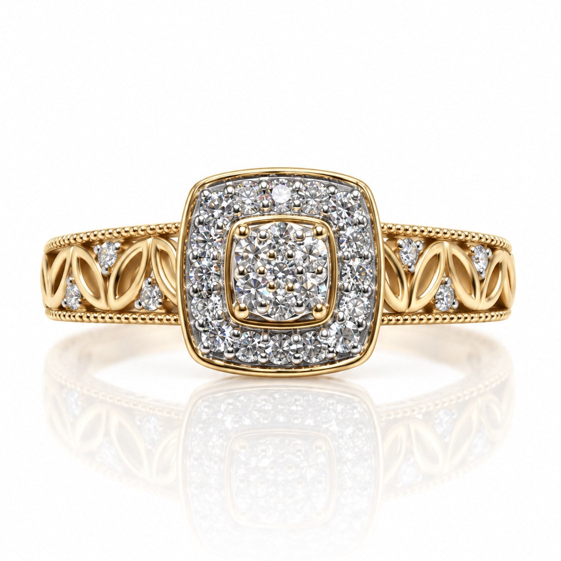 9ct yellow gold diamond cluster halo engagement ring with pavé shoulders and milgrain detail