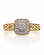 9ct yellow gold diamond cluster halo engagement ring with pavé shoulders and milgrain detail