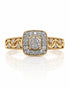 9ct yellow gold diamond cluster halo engagement ring with pavé shoulders and milgrain detail