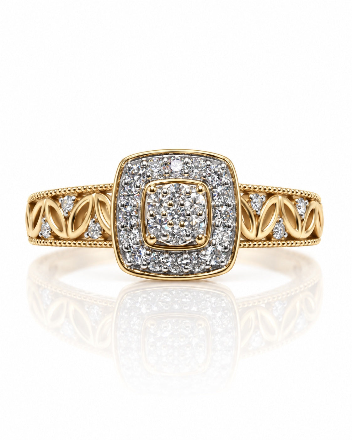9ct yellow gold diamond cluster halo engagement ring with pavé shoulders and milgrain detail