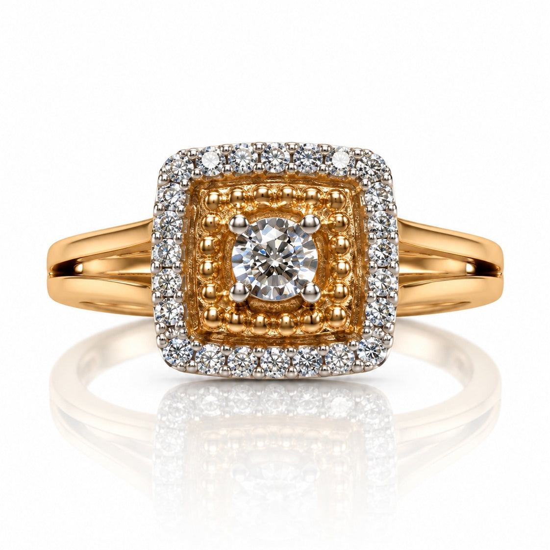 9ct yellow gold engagement ring with 0.20ct round diamond in cushion halo and split shank