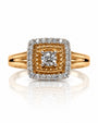 9ct yellow gold engagement ring with 0.20ct round diamond in cushion halo and split shank