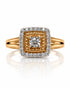9ct yellow gold engagement ring with 0.20ct round diamond in cushion halo and split shank