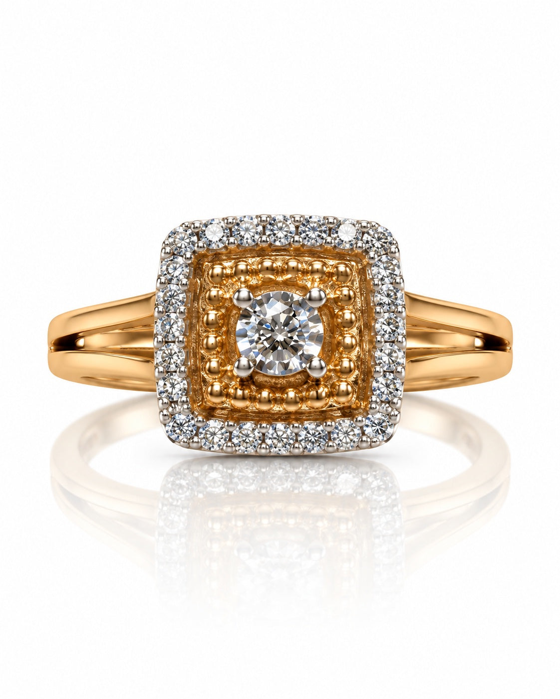 9ct yellow gold engagement ring with 0.20ct round diamond in cushion halo and split shank