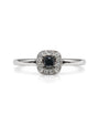 9ct white gold engagement ring with black diamond centre and white diamond cushion halo