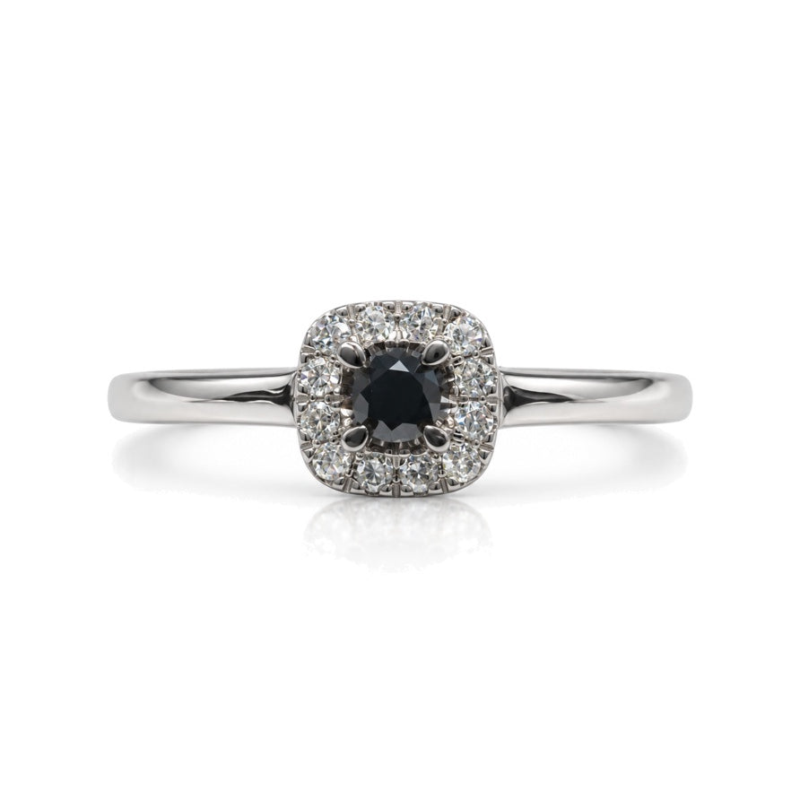 9ct white gold engagement ring with black diamond centre and white diamond cushion halo