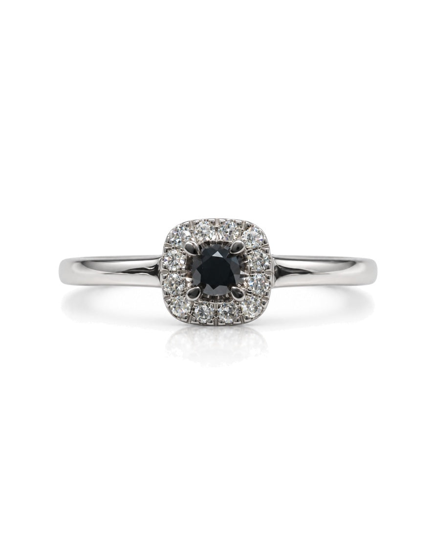 9ct white gold engagement ring with black diamond centre and white diamond cushion halo