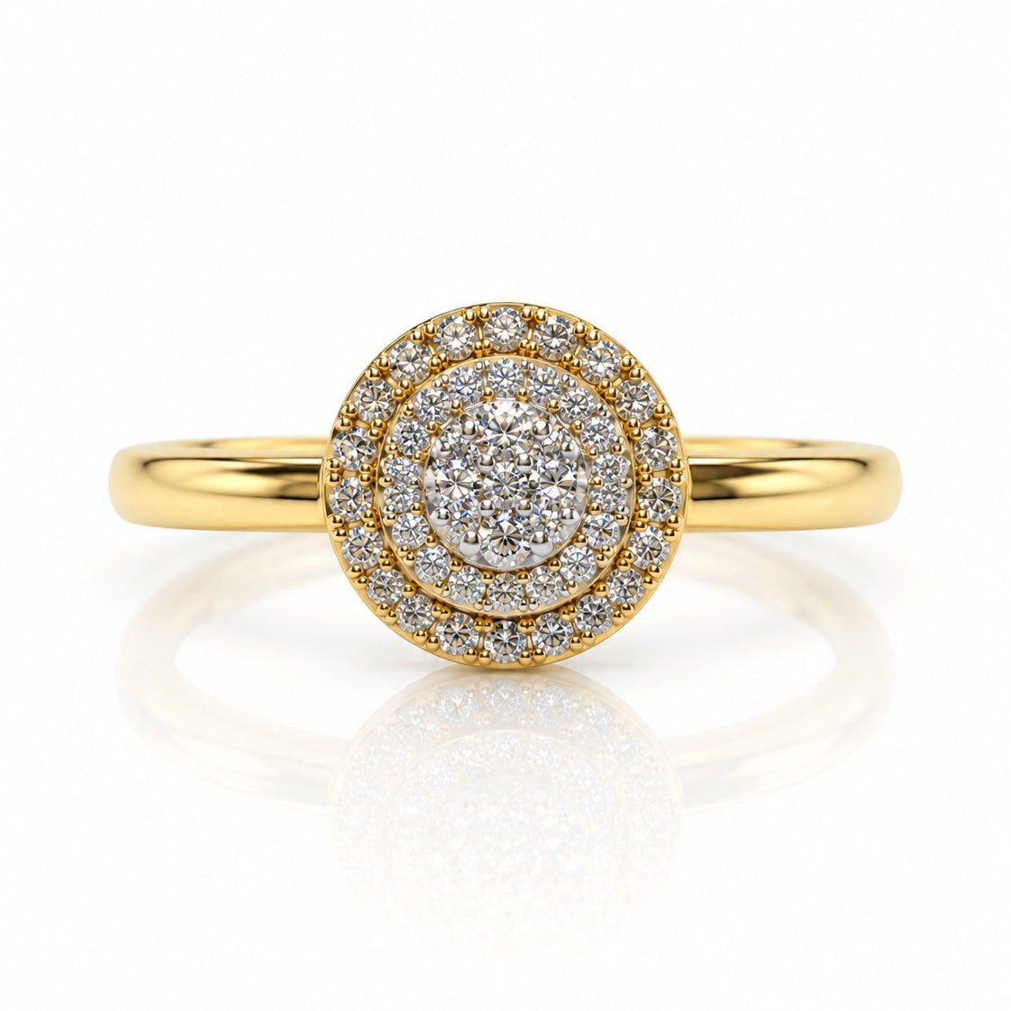 9ct yellow gold engagement ring with round diamond cluster centre and double halo