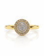 9ct yellow gold engagement ring with round diamond cluster centre and double halo