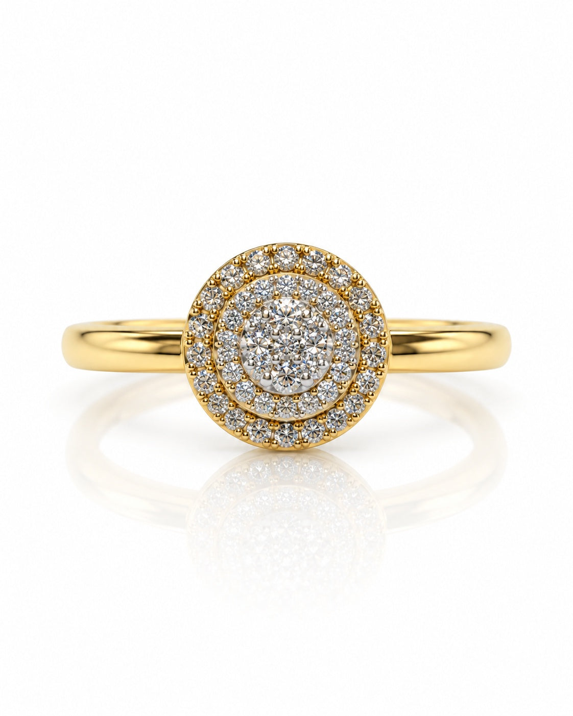 9ct yellow gold engagement ring with round diamond cluster centre and double halo