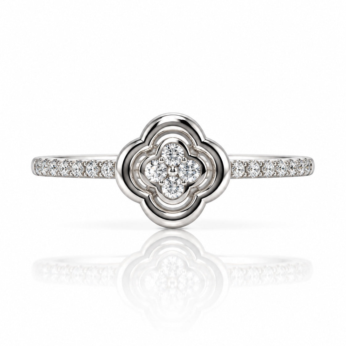 9ct white gold diamond cluster engagement ring with four-leaf clover motif and pavé shoulders