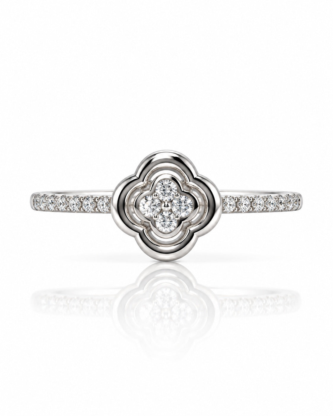 9ct white gold diamond cluster engagement ring with four-leaf clover motif and pavé shoulders
