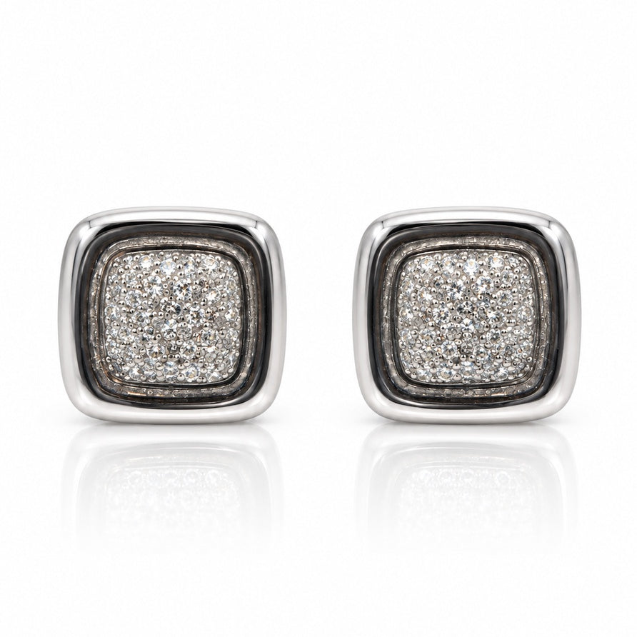 Square 9ct white gold pavé stud earring with cushion-shaped bead-set diamond panel and polished surround
