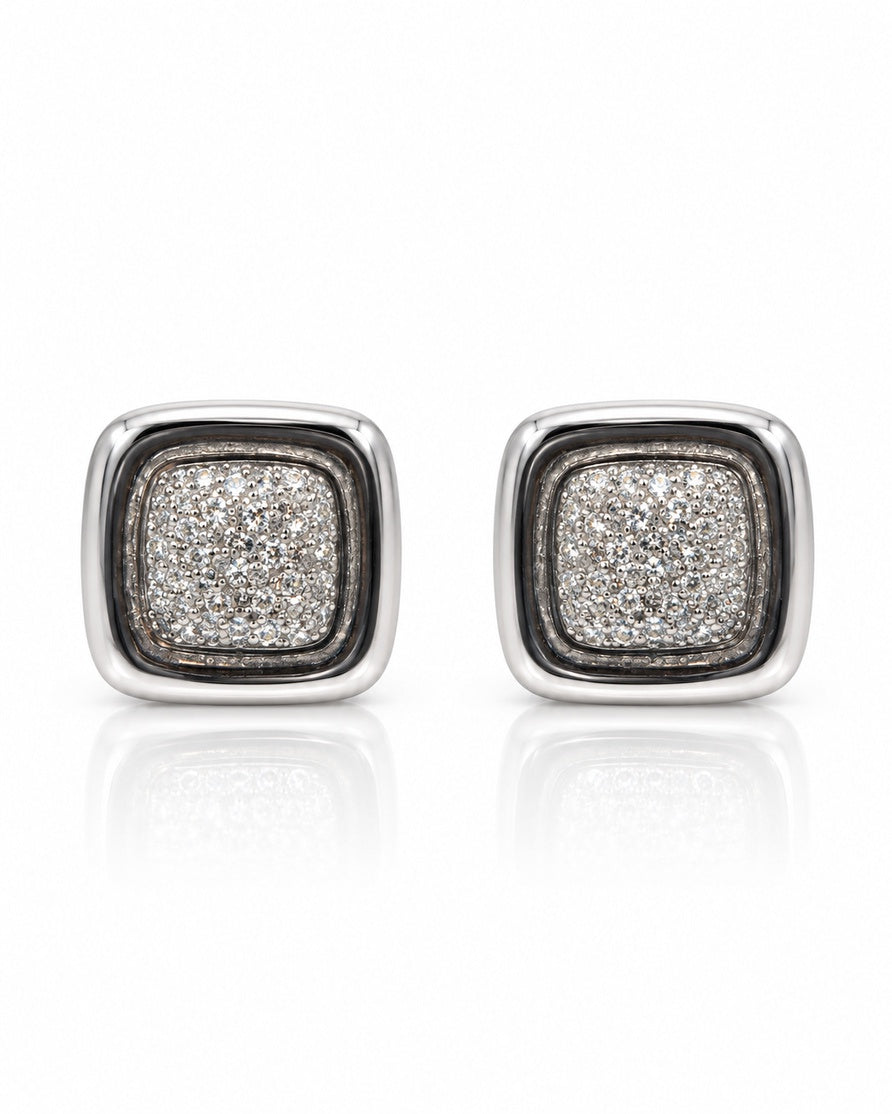 Square 9ct white gold pavé stud earring with cushion-shaped bead-set diamond panel and polished surround