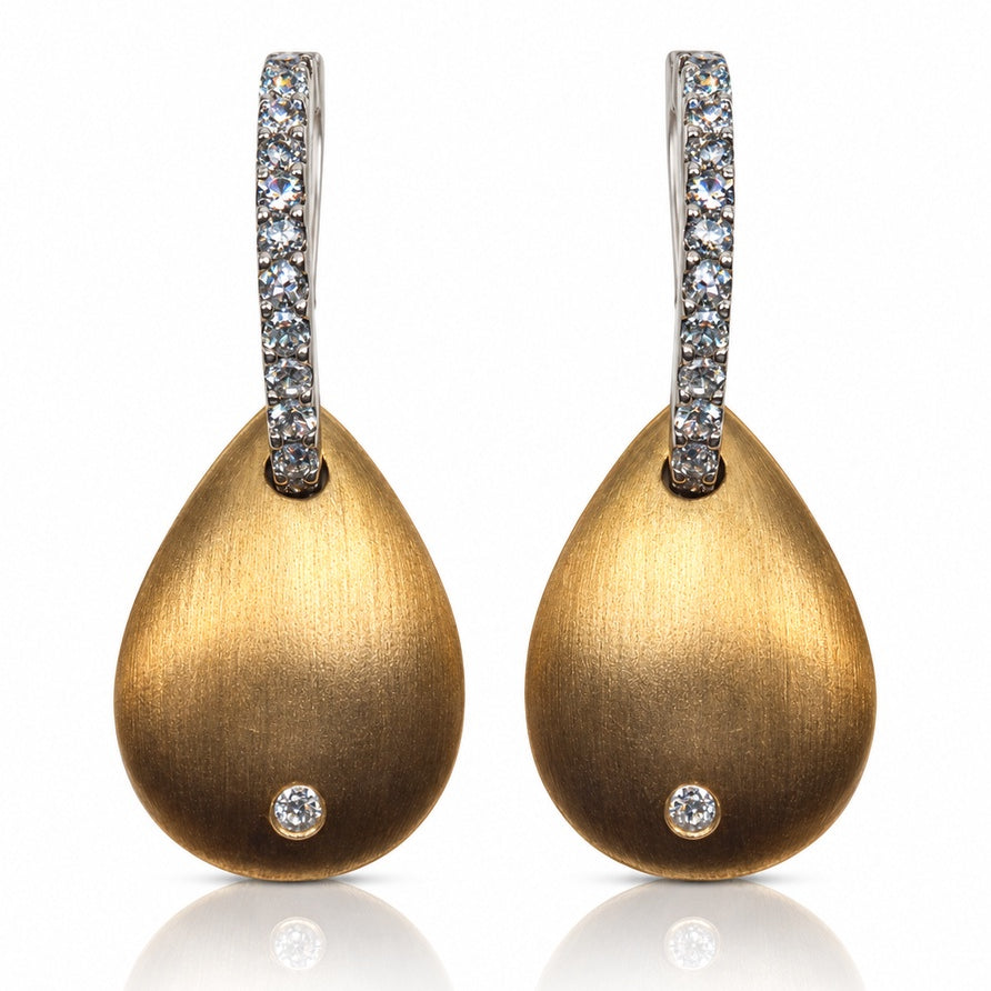 9ct yellow and white gold drop earrings with diamond hook bars and brushed pear drops