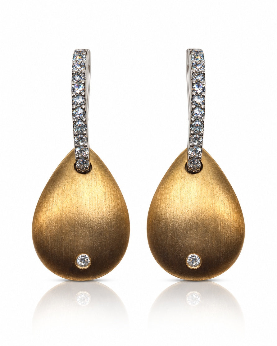 9ct yellow and white gold drop earrings with diamond hook bars and brushed pear drops