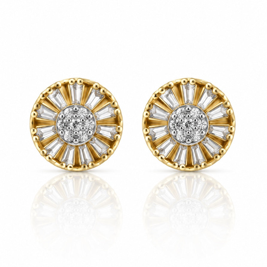 9ct yellow gold sunburst stud earrings with central round diamond cluster and beaded edge