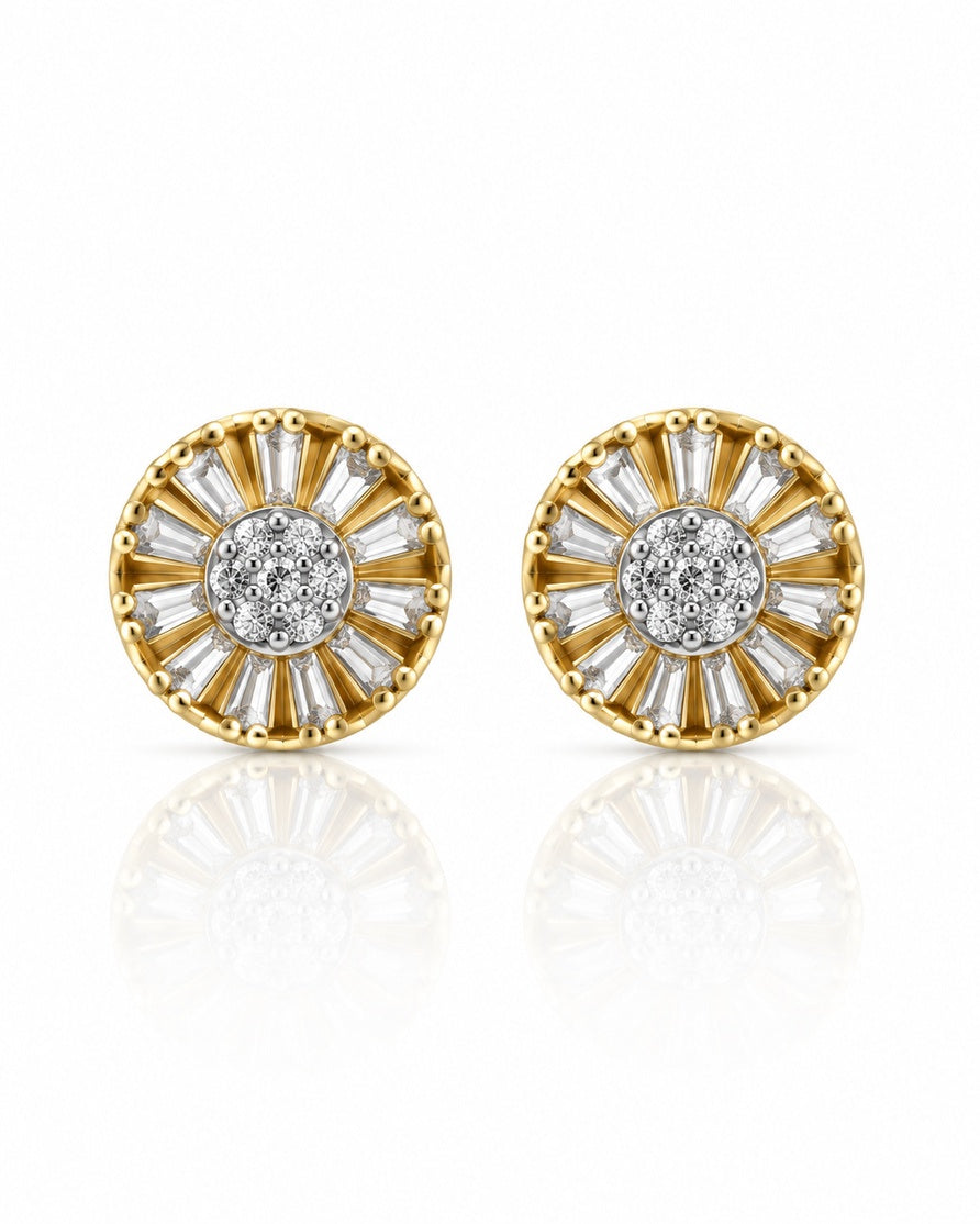 9ct yellow gold sunburst stud earrings with central round diamond cluster and beaded edge
