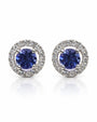 Pair of 14ct white gold stud earrings with round tanzanite centres and diamond halos
