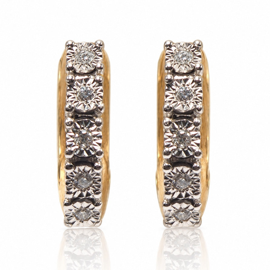 Pair of 9ct yellow gold huggie earrings with five illusion-set round diamonds each