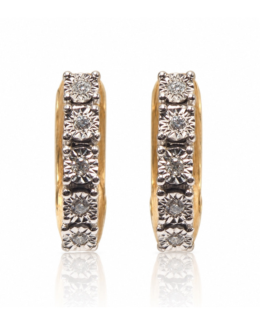 Pair of 9ct yellow gold huggie earrings with five illusion-set round diamonds each