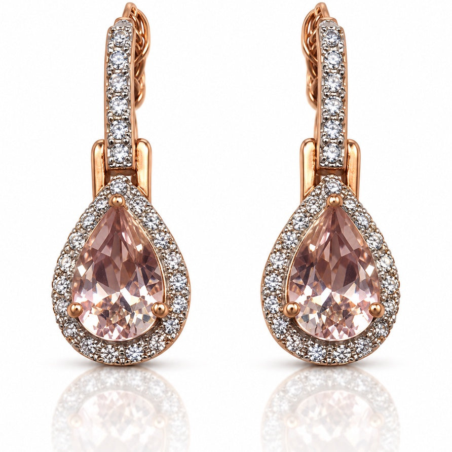 Pair of 9ct rose gold drop earrings with pear morganite and diamond halo