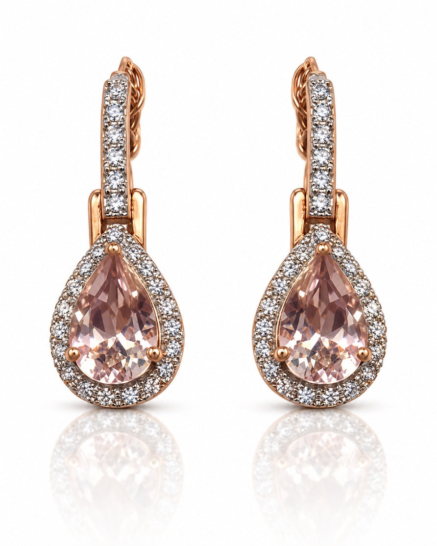 Pair of 9ct rose gold drop earrings with pear morganite and diamond halo