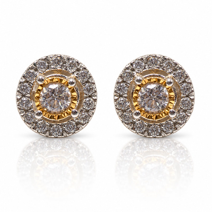 Pair of 9ct yellow gold round diamond halo stud earrings with 4-claw centres