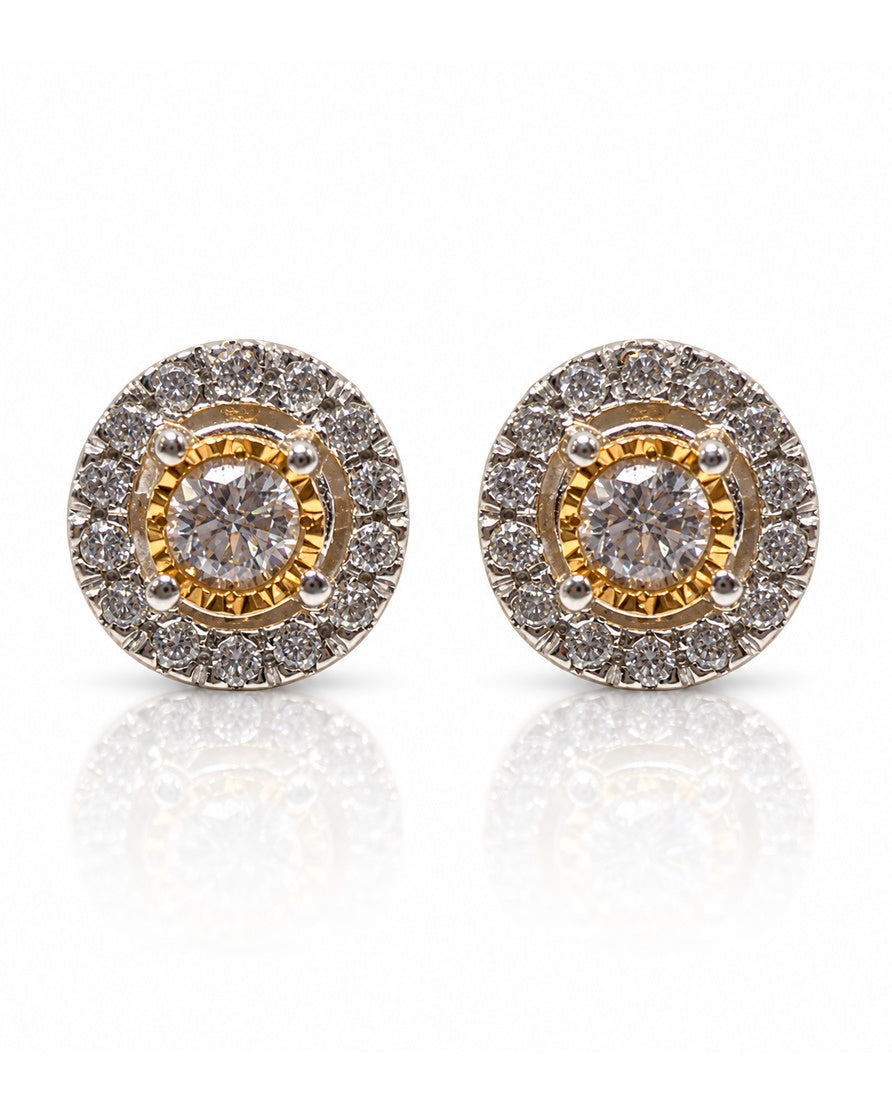 Pair of 9ct yellow gold round diamond halo stud earrings with 4-claw centres