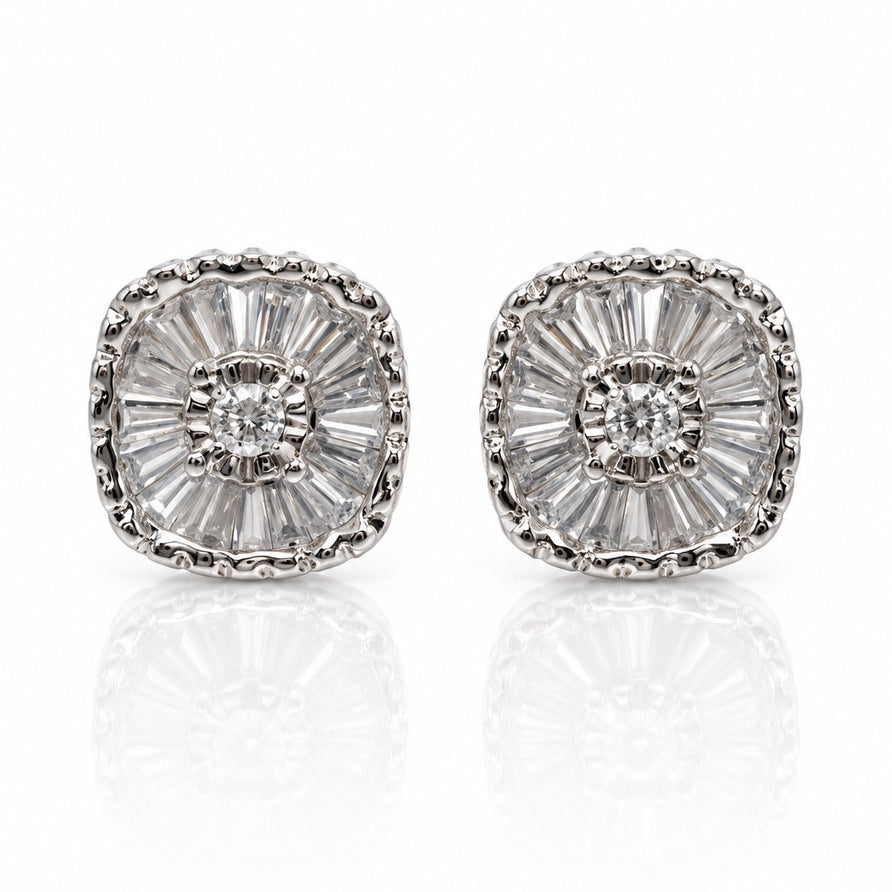 Cluster stud earring in 10ct white gold with round diamond and baguette sunburst